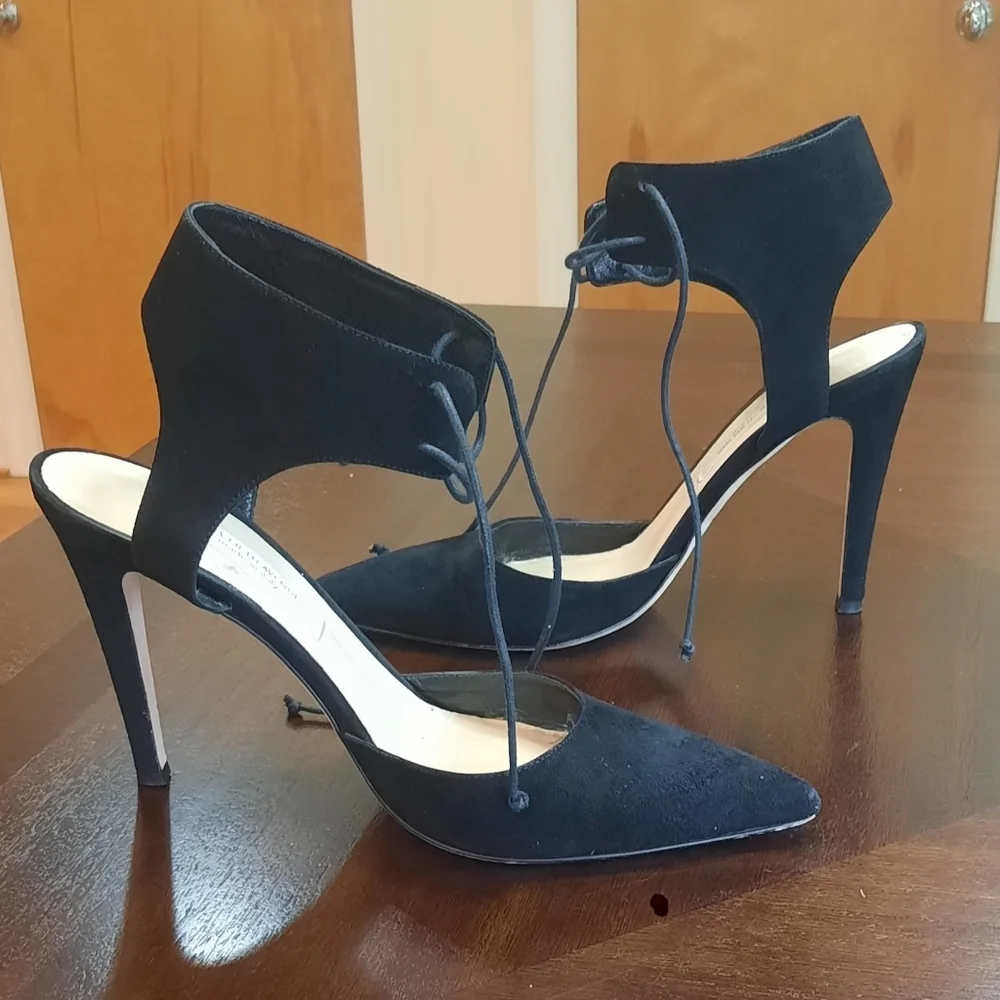 Saks Fifth Ave Black Suede Pointed Toe Stiletto with Corset Ankle Strap